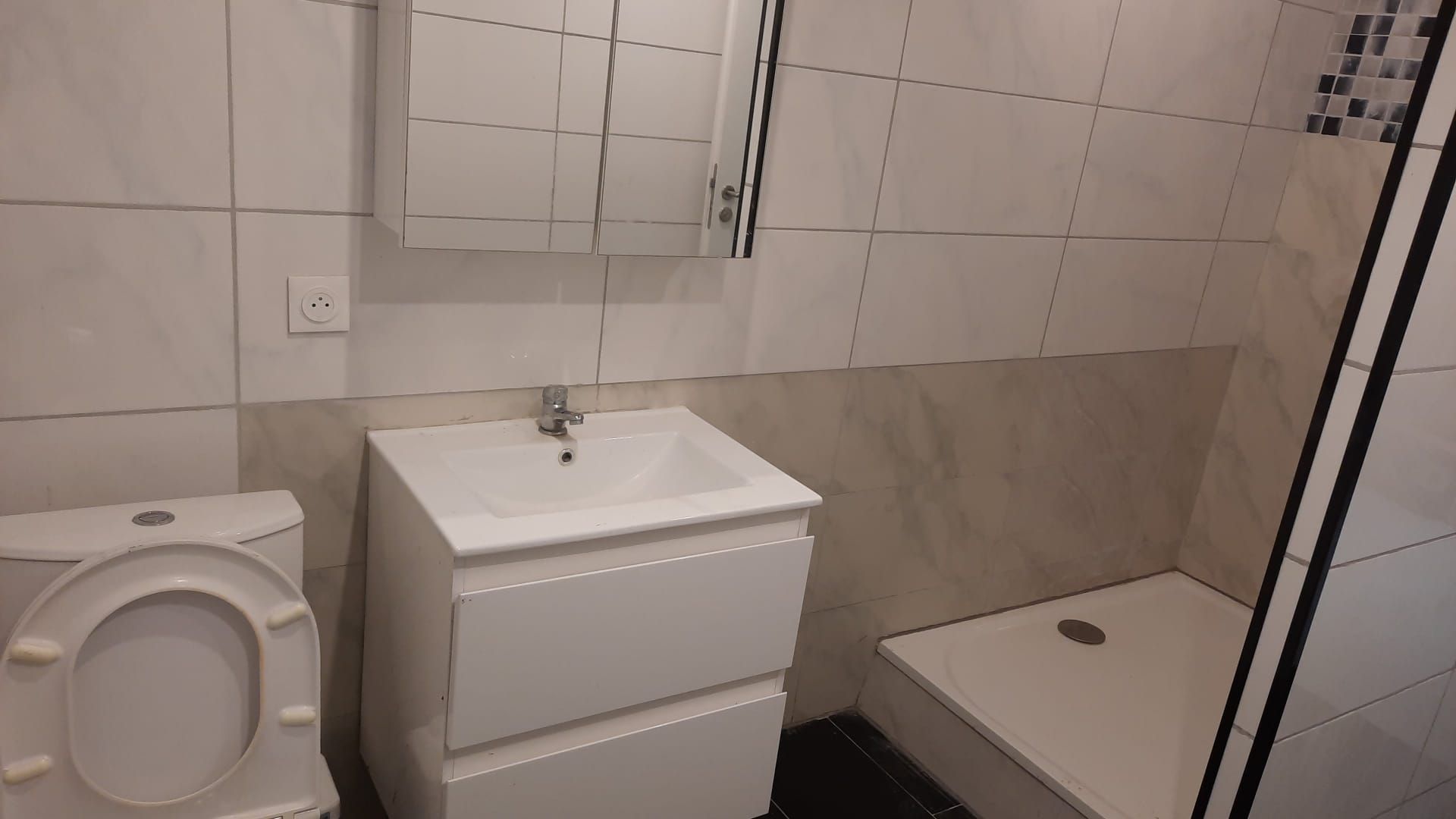 A bathroom with a toilet, a sink, and a shower stall.