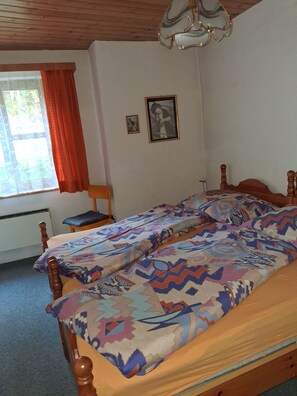 A room with a bed, a chair, a window with curtains, a radiator, and a wall-mounted picture. - Cozy 2.5- (3)-room apartment, large kitchen, rooms facing the garden, south-facing, no traffic (Scuol)