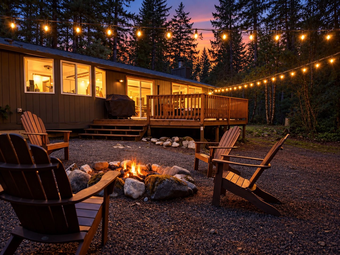 Une cabane dotée d’une terrasse, d’un espace salon extérieur et d’un foyer.