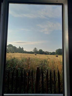 Vista a través de una ventana de un campo con fardos de heno y una valla de madera.