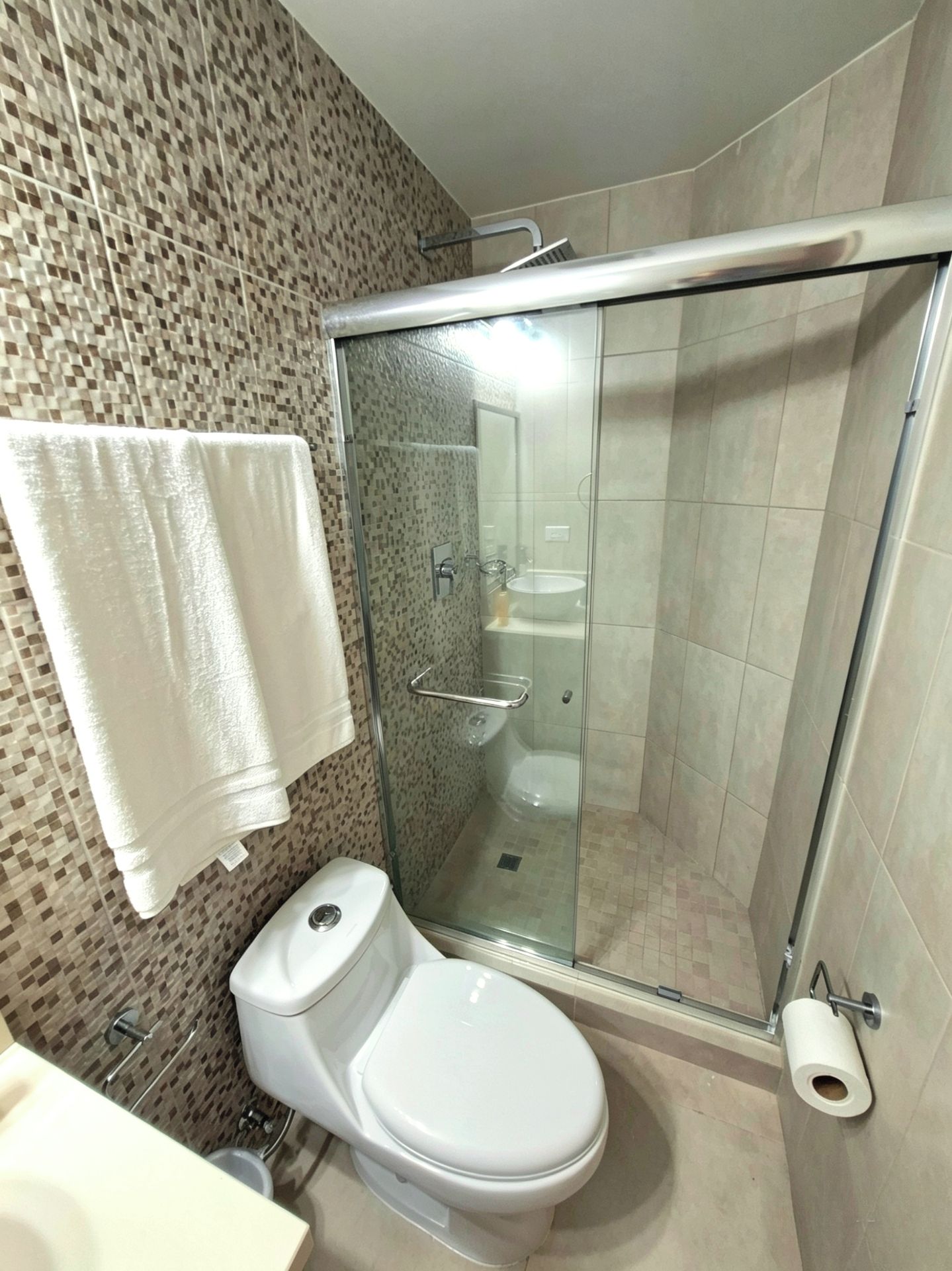 A bathroom with a toilet, a glass-enclosed shower, and a towel hanging on the wall.