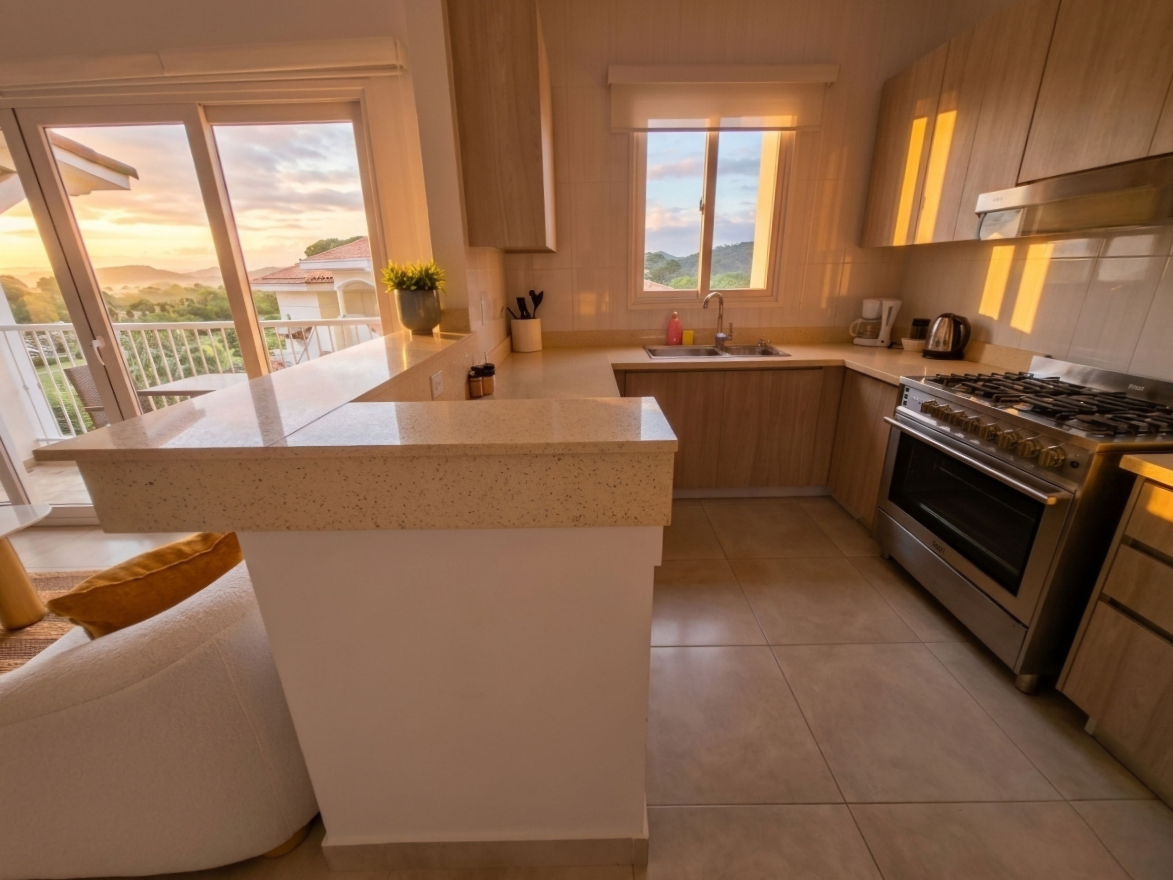 Una cocina moderna con una isla central, horno integrado y vistas al exterior.