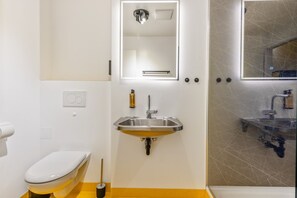 A bathroom with a toilet, sink, mirror, and shower area. - Quiet Studio Facing the Courtyard | Karmelitermarkt | Self-Check-In (Wien)