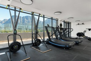 A gym with cardio equipment, a rowing machine, and a treadmill. - Newlands Peak Studio with AC and gym (Cape Town)