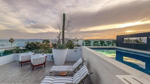 A rooftop terrace with a pool, lounge chairs, and a cactus.