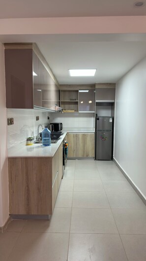 A modern kitchen with a built-in refrigerator, a microwave, and a sink. - COZY MODERN 1-BEDROOM IN WESTLANDS NEAR GTC AND MALLS (Nairobi)
