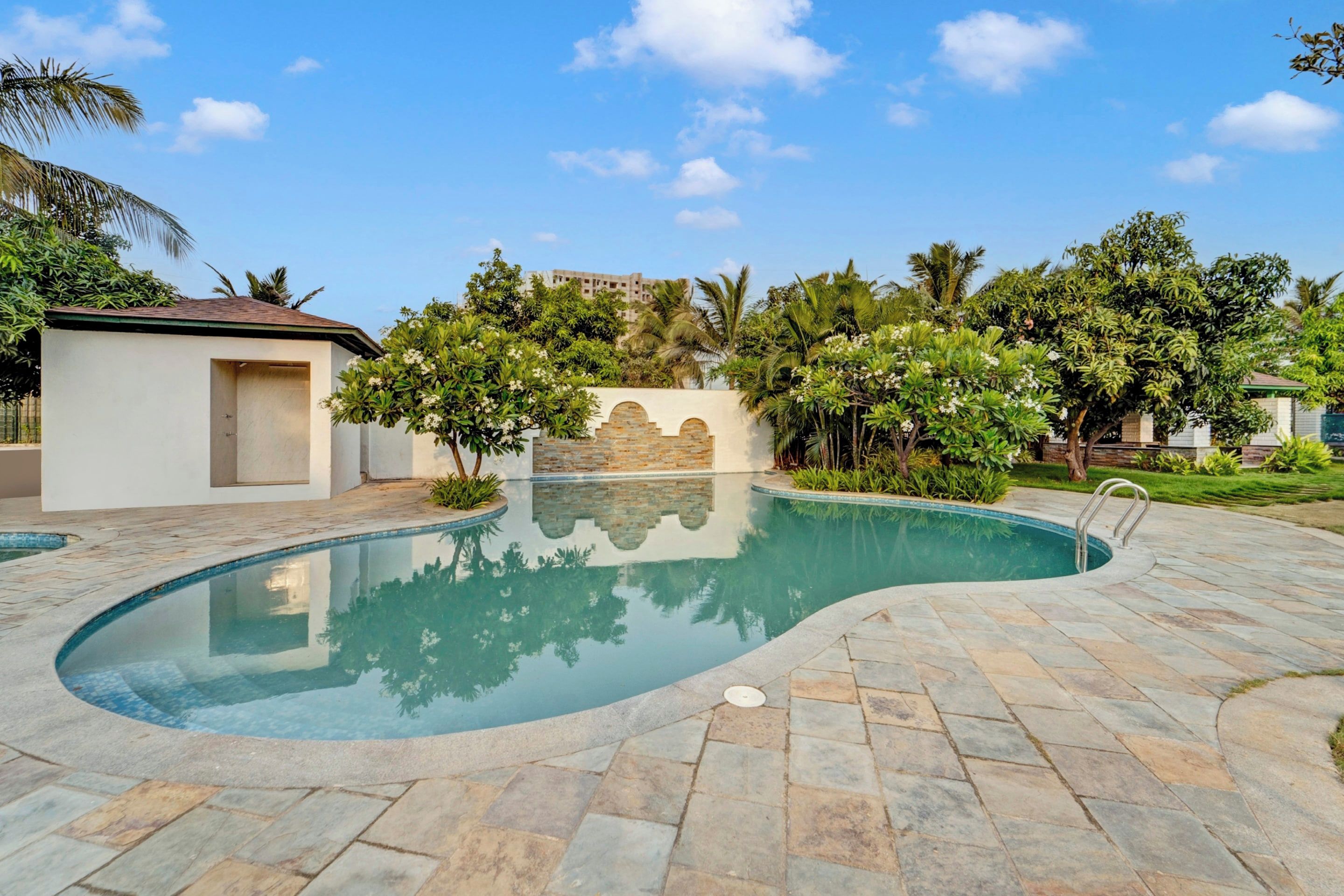 A swimming pool with a curved design, surrounded by a stone patio and lush greenery.