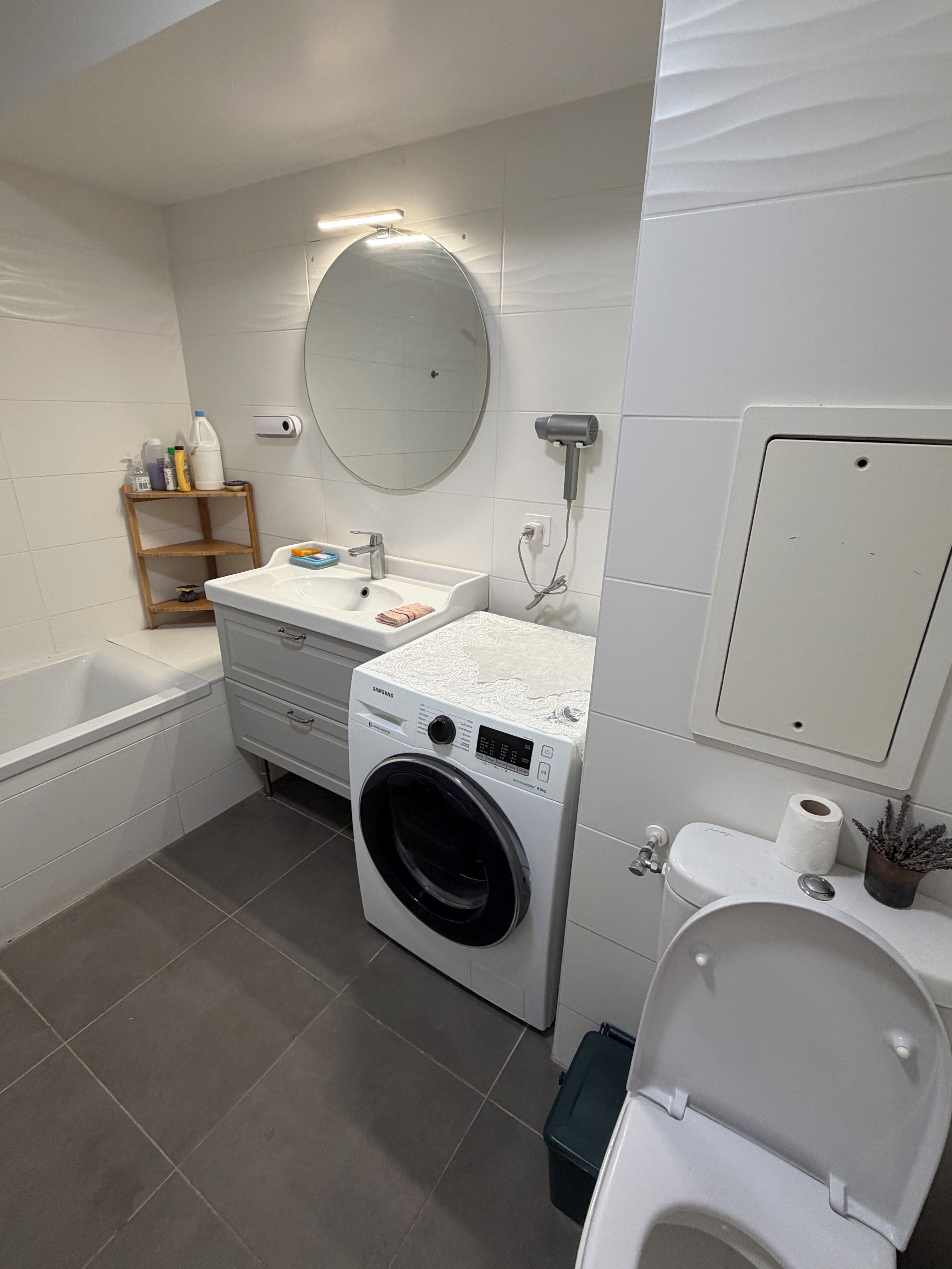 Une salle de bain moderne équipée d’un lave-linge intégré, de toilettes et d’un lavabo.