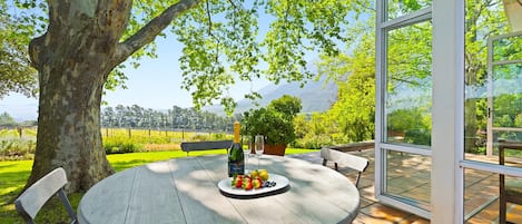 Una mesa redonda con sillas, una botella de champán y frutas en un patio con vistas a un viñedo y montañas.