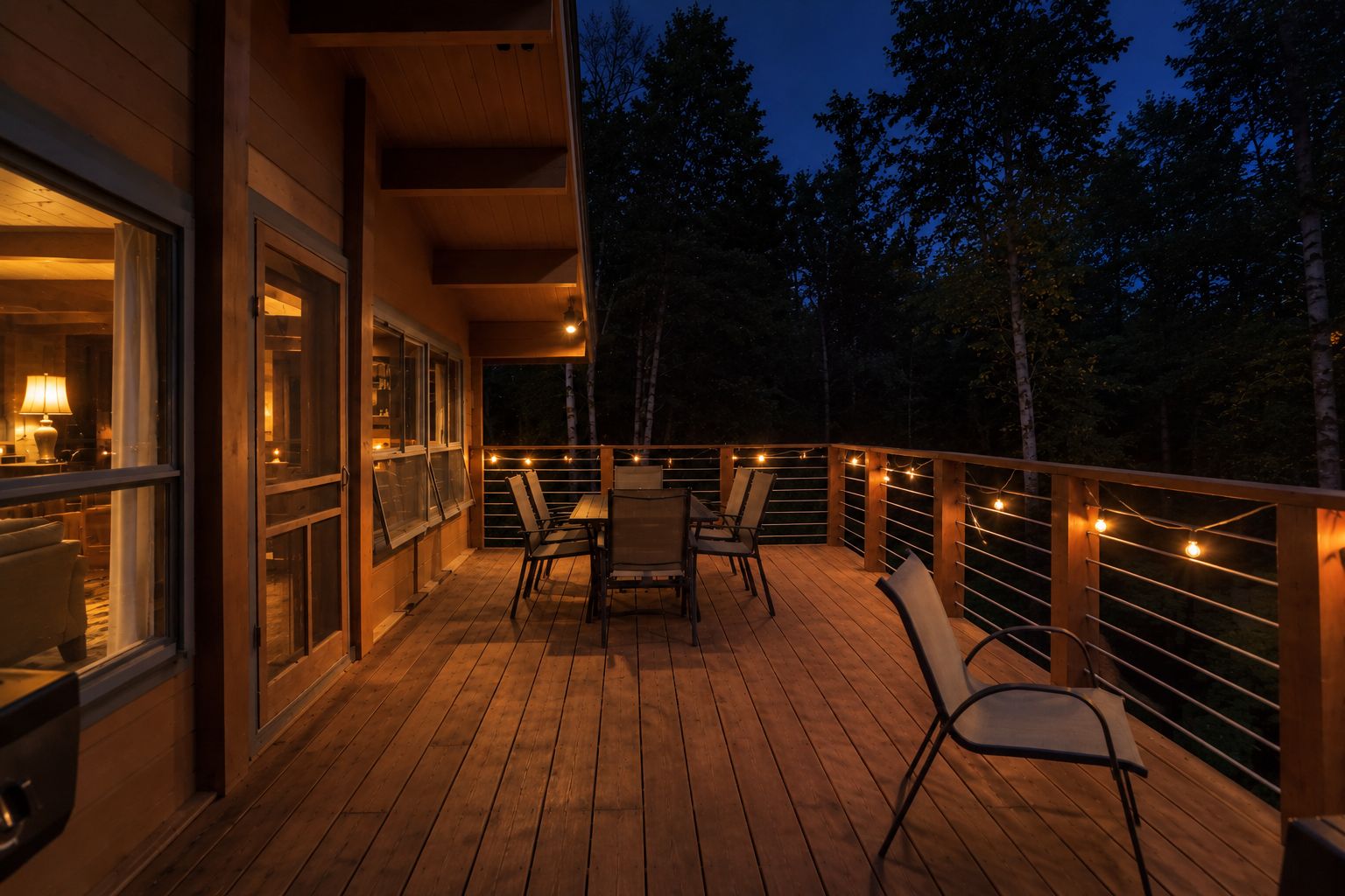 Terraza de madera con mobiliario exterior e iluminación colgante.