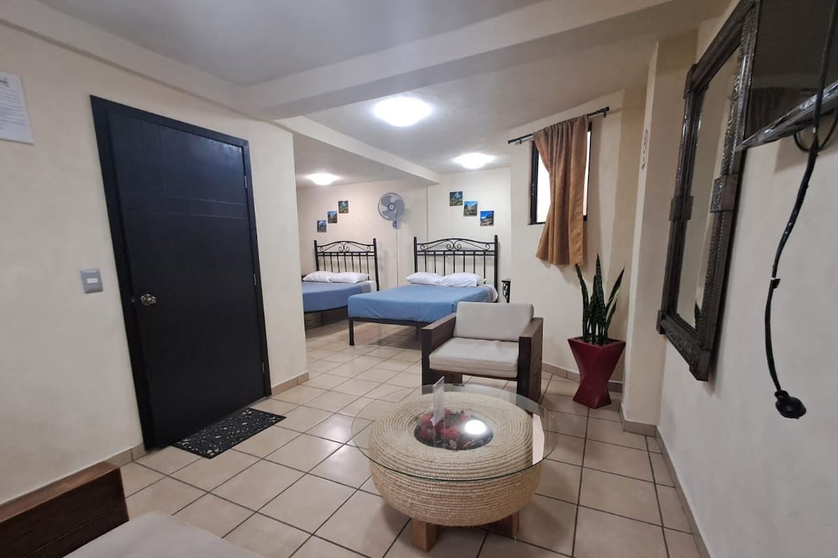 A hotel room with a bed, a chair, a small table, and a potted plant.