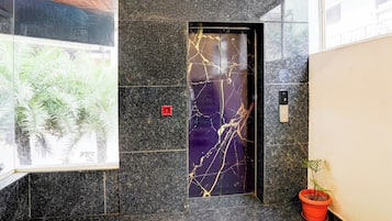 A marble elevator door with a reflective surface, a red emergency button, and a potted plant beside it.