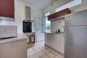 A modern kitchen with stainless steel appliances, a built-in oven, and a window overlooking a balcony. - Gasparin - Vue mer - Climatisation (Saint-Denis)