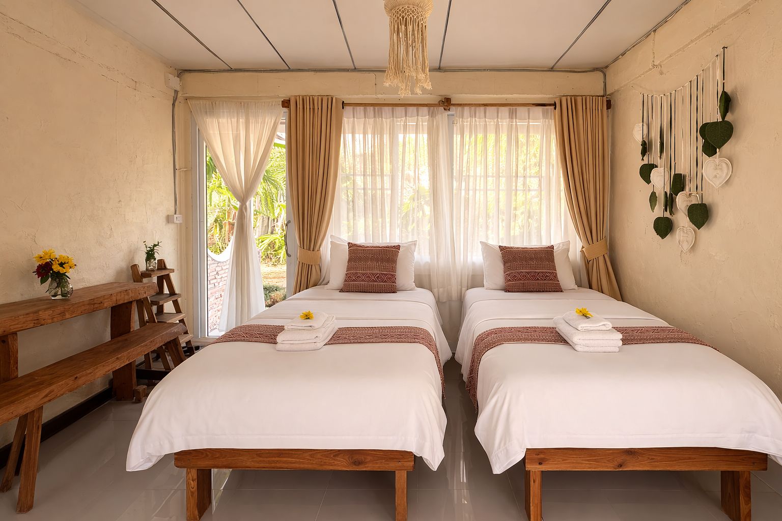 A hotel room with two beds, a wooden bench, and a view of greenery outside.