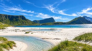 A beach with clear waters, sandy shores, and green hills in the background. - Unique Lofoten Cabin with Spectacular Ocean Views and Sauna (Nordland)
