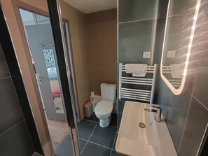 Een badkamer met toilet, wastafel en een douchecabine van glas.