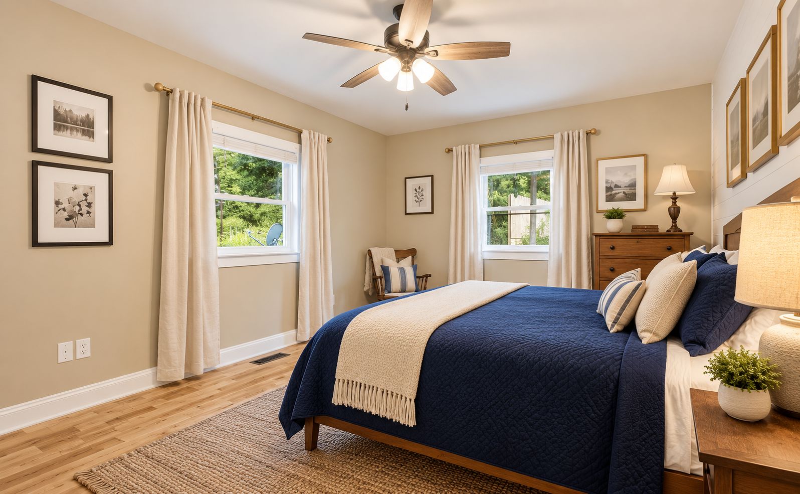 Une chambre à coucher avec un lit, deux fenêtres avec des rideaux, un ventilateur de plafond et des œuvres d’art accrochées au mur.