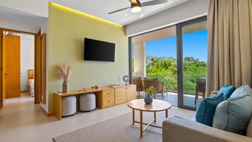 A modern living room with a flat-screen TV, a ceiling fan, and a view of the outdoors.