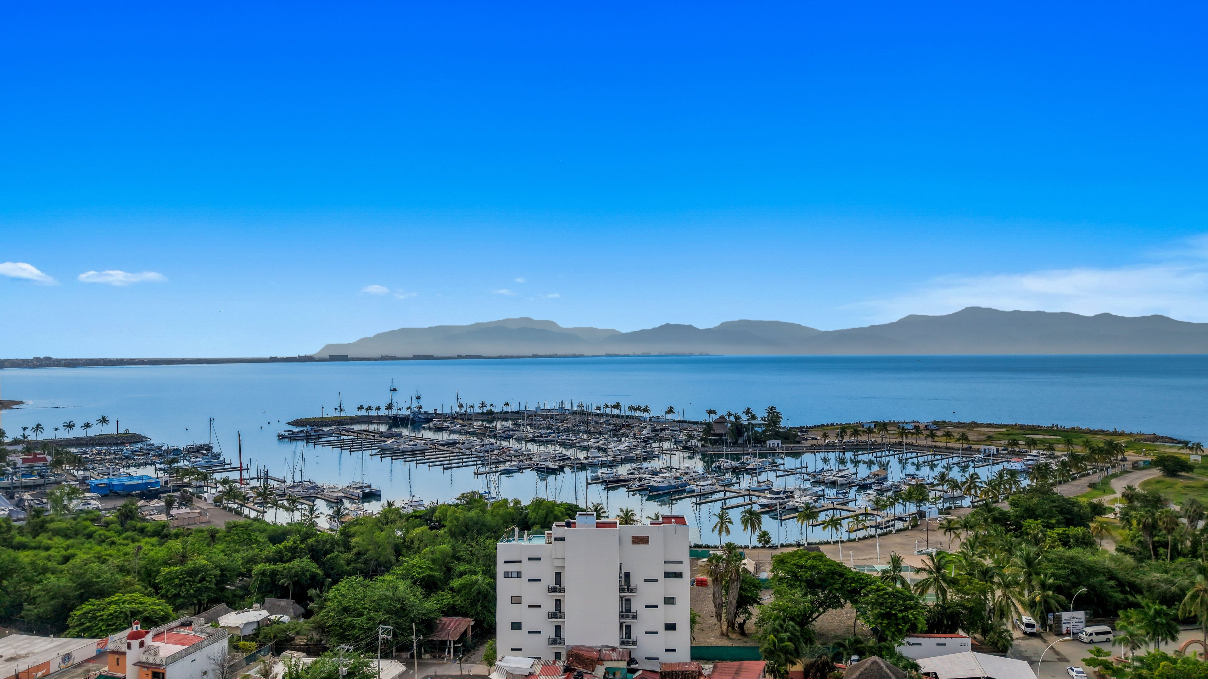 Marina con barcos amarrados, rodeada de vegetación y edificios.