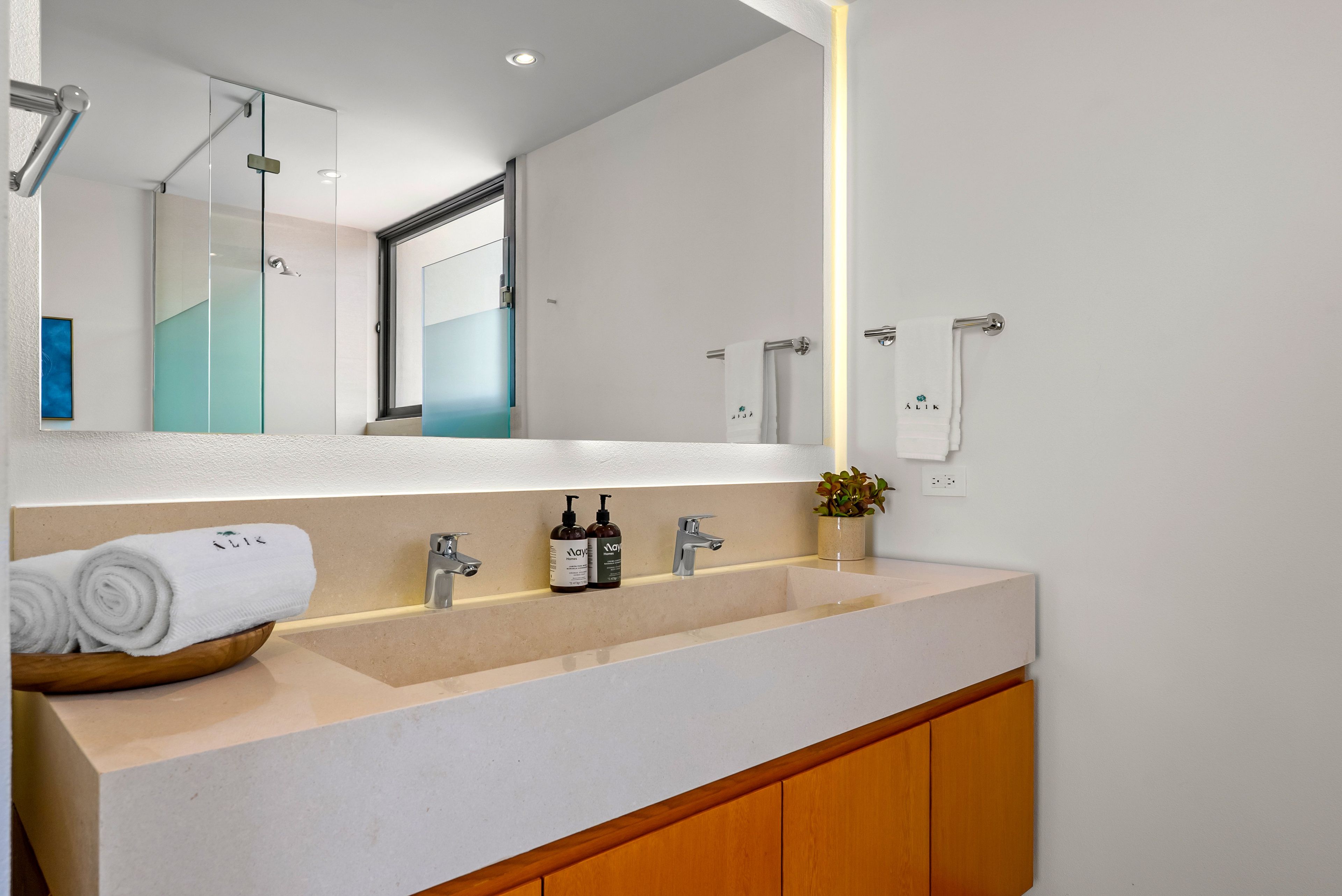 A modern bathroom with a double sink, a mirror, a towel rack, and a small plant.