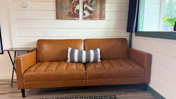 A brown leather sofa with two patterned pillows, a black and white woven rug, and two paintings on the wall.