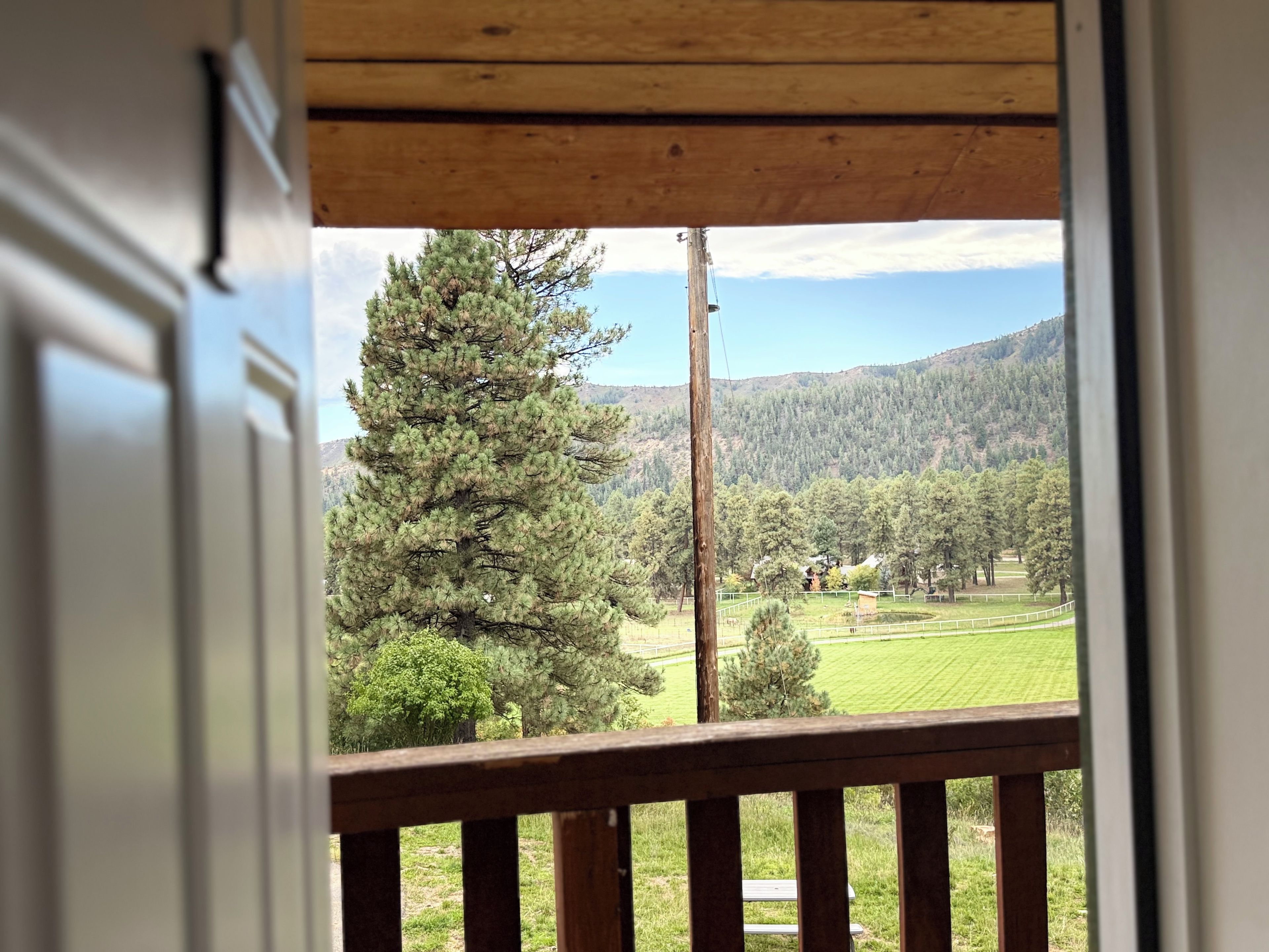 Un balcon en bois offrant une vue sur un paysage verdoyant, avec des arbres et une chaîne de montagnes lointaine.