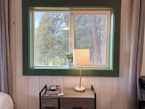 A room with a window, a lamp, a small table with a remote control, and a plant. - Your Cozy Studio with Open Scenic Views & Pine Surroundings (Bayfield)