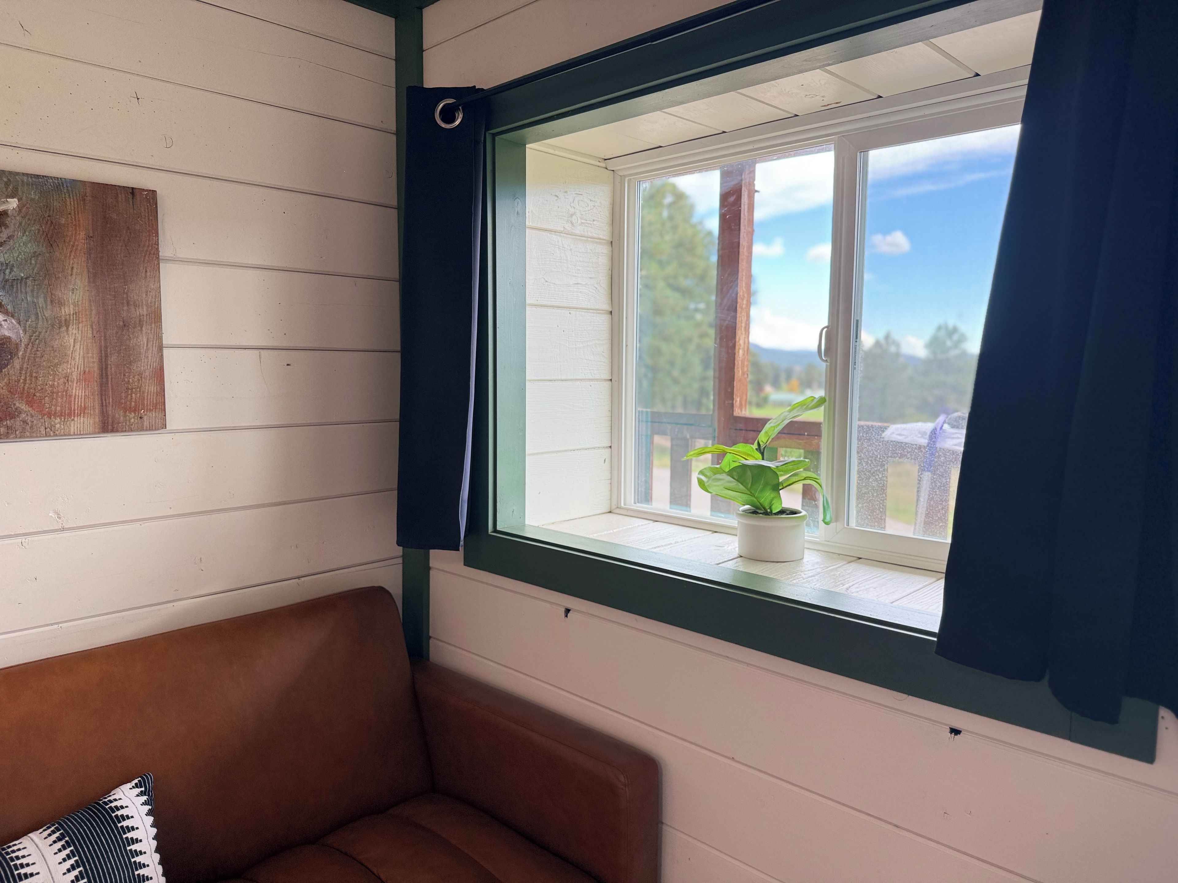 Ein Zimmer mit Fenster, einem braunen Sofa, einem Blumentopf und einem Bild an der Wand.