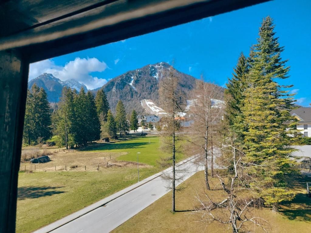 A view through a window of a road leading to a mountainous area with trees and a clear sky.