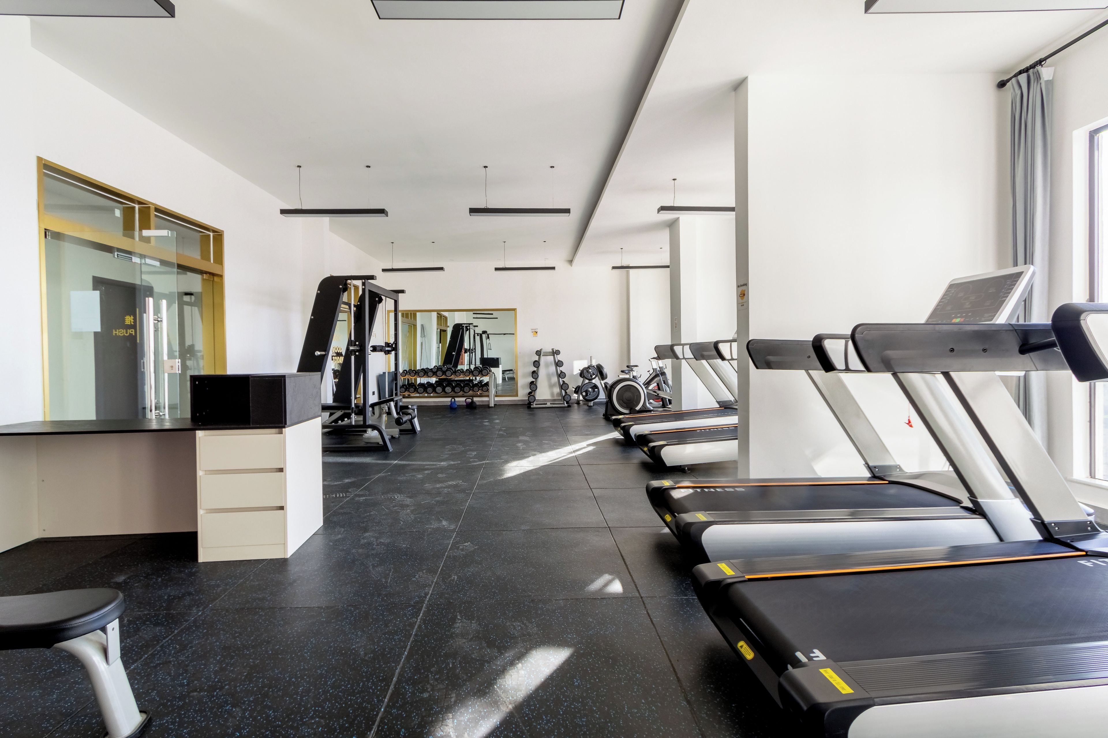 Un gimnasio con cintas de correr, pesas y equipo de ejercicio.