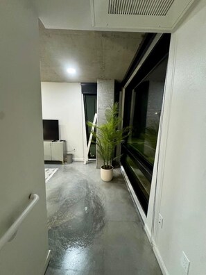 A corridor with a potted plant, a television, and a cabinet. - Silicon Valley Basecamp | Townhome in Japantown SJ (San Jose)