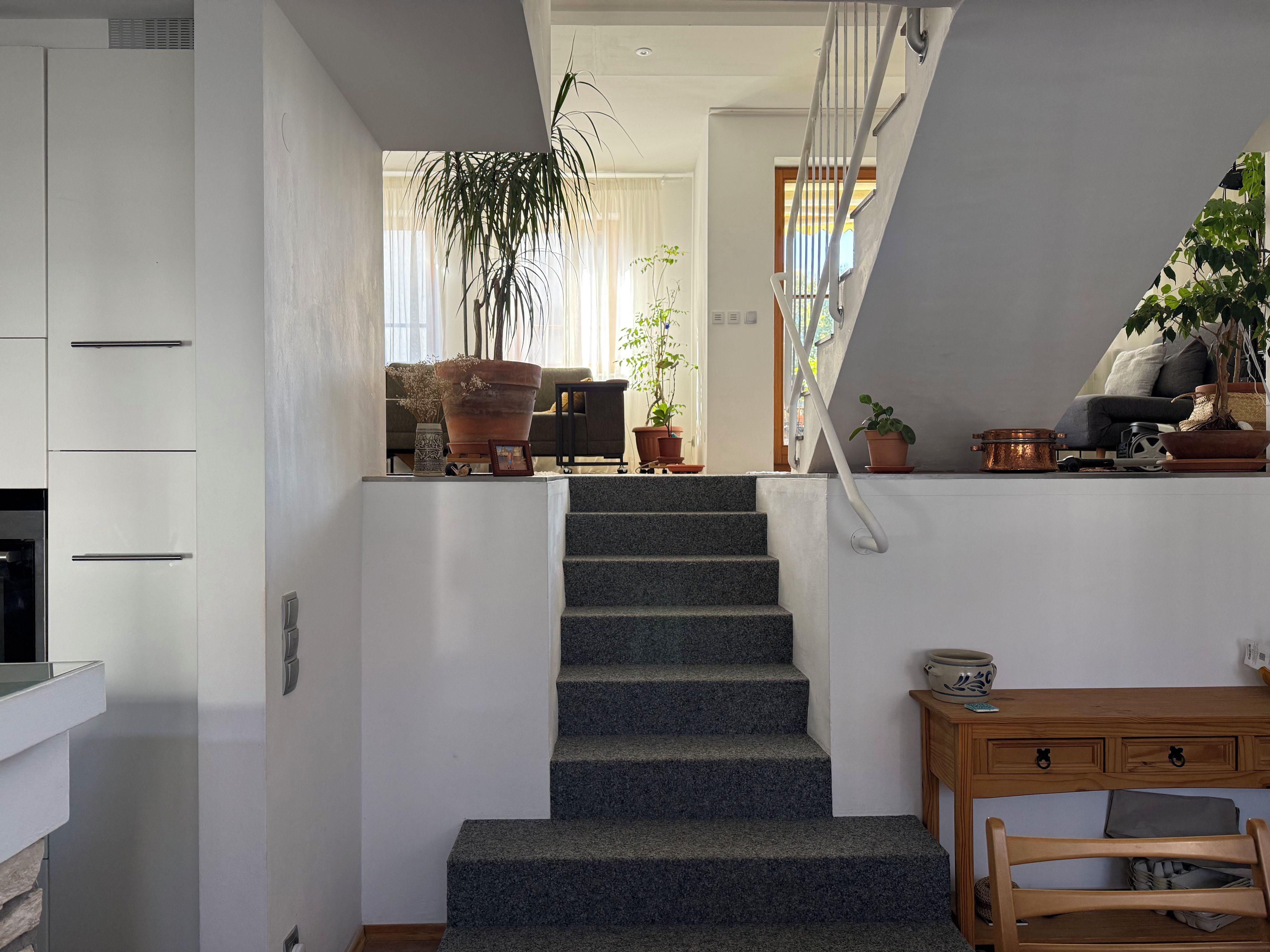 En trappa leder upp till ett vardagsrum med en soffa, ett soffbord och krukväxter.