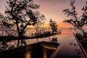 A sunset view from a balcony overlooking a body of water, with trees framing the scene. - Skypool. Luxury mansion with staff, chef and waiter included. (Ixtapa Zihuatanejo)