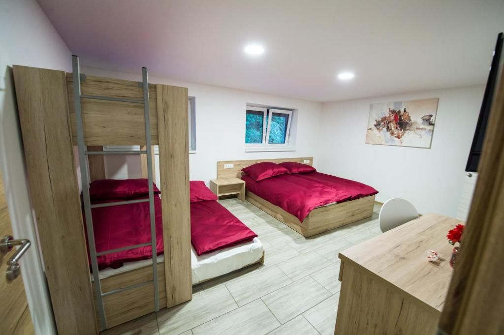 A bedroom with a bunk bed, a desk, and a chair.
