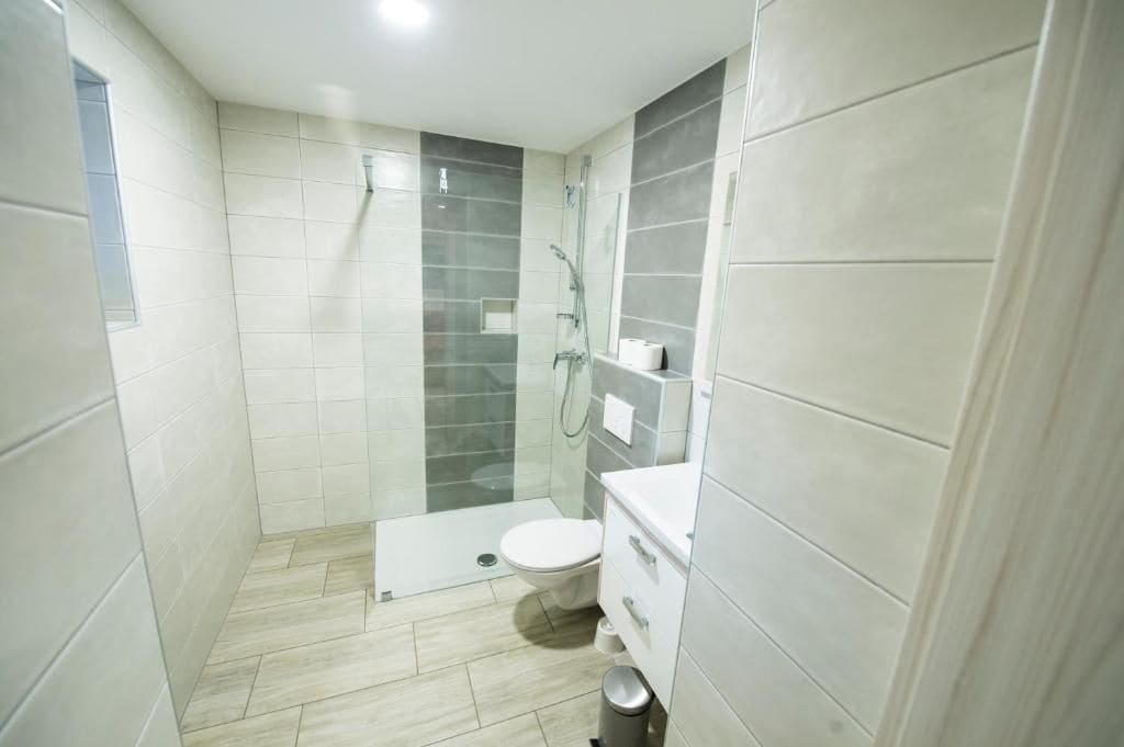 Un baño pequeño y moderno con ducha, inodoro y un espacio reducido para el lavamanos.