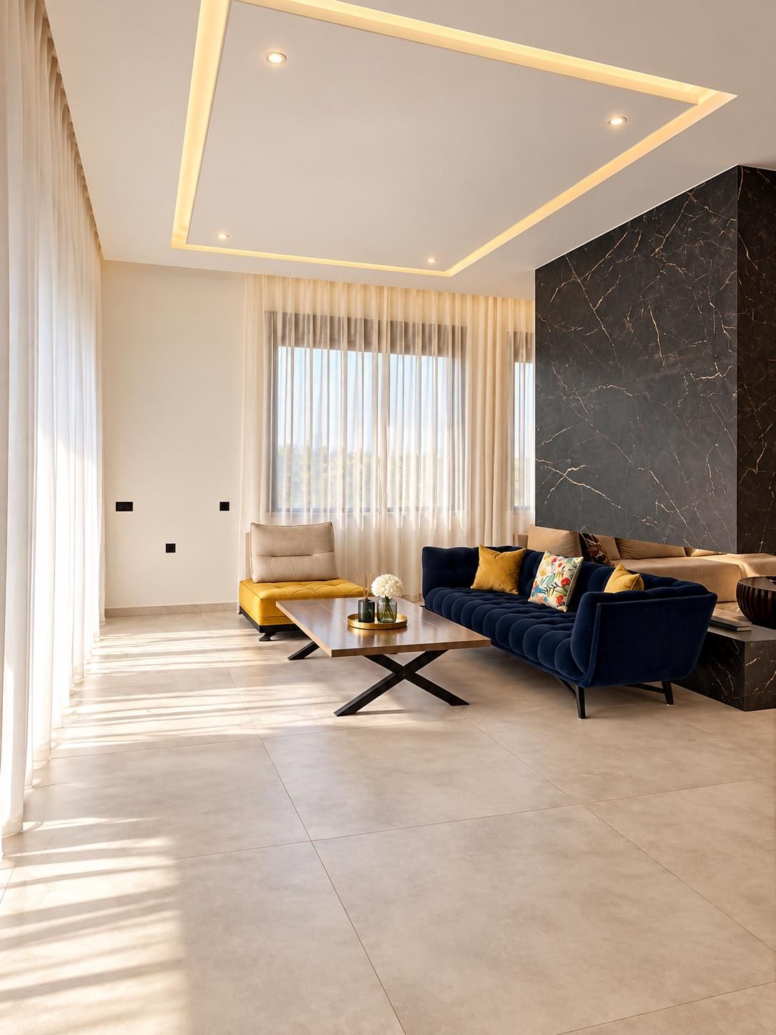 Un salon moderne avec un canapé, une table basse et une grande fenêtre avec des rideaux.