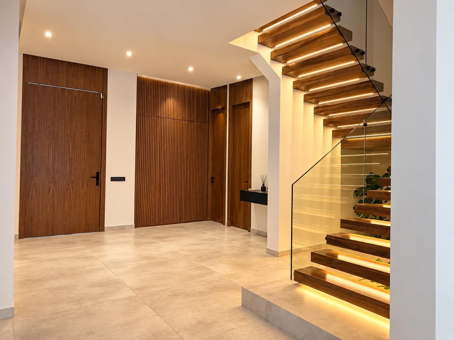 A modern interior with a wooden staircase, a flat floor, and a door with vertical slats.