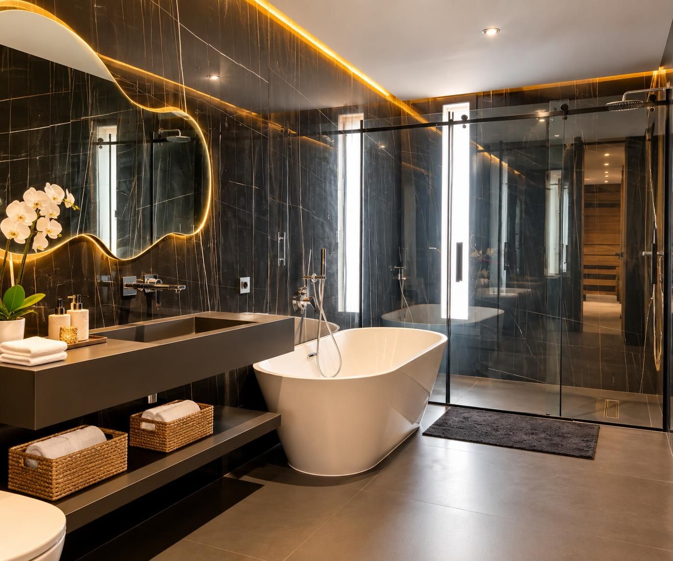 A modern bathroom with a freestanding bathtub, a glass-enclosed shower, and a vanity with a mirror.