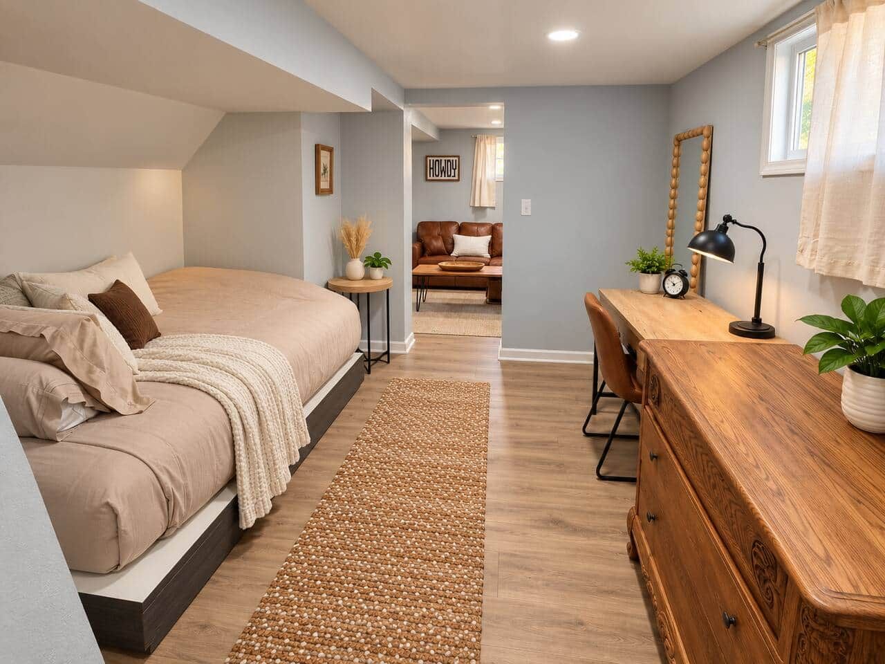 Une chambre à coucher avec un lit, une table de chevet et une commode en bois.