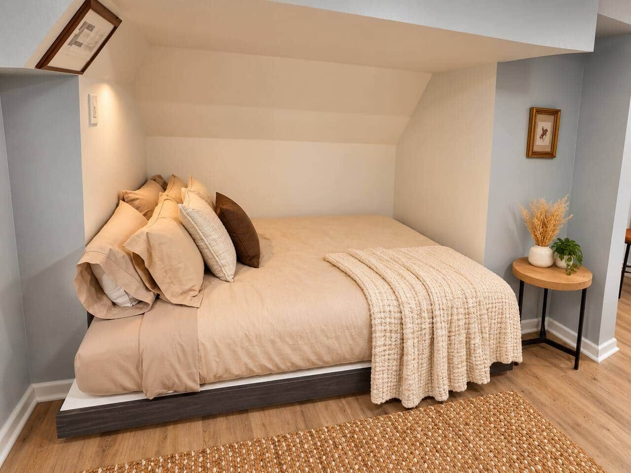 Une chambre à coucher avec un lit, des oreillers, une couverture, une petite table avec une plante et un tableau au mur.