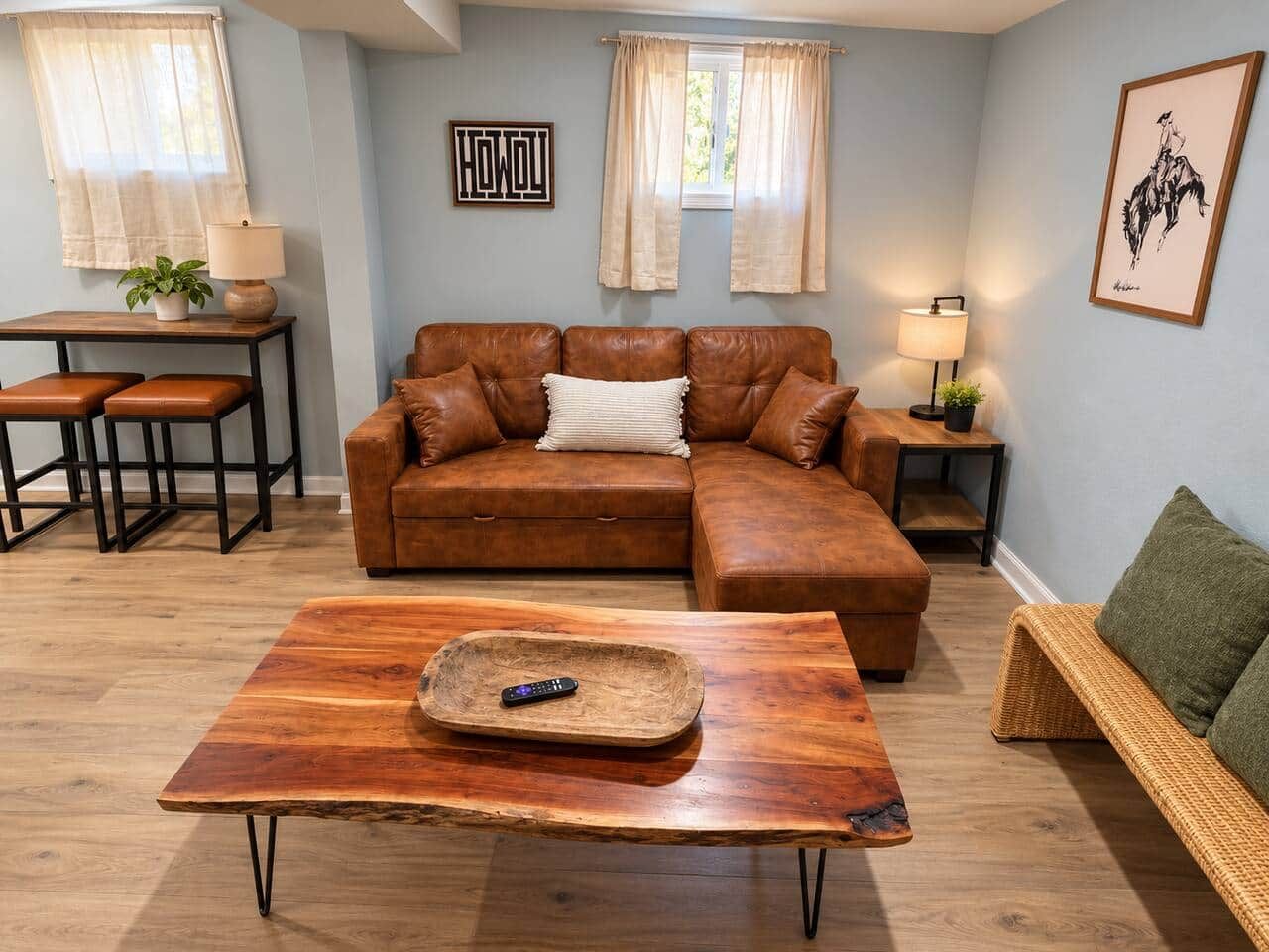 Un salon comprenant un canapé d’angle en cuir marron, une table basse en bois, un canapé en osier, une petite table avec une lampe et un tableau encadré accroché au mur.
