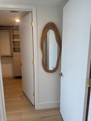 Una habitación con puerta de madera, un espejo y un armario con repisas.