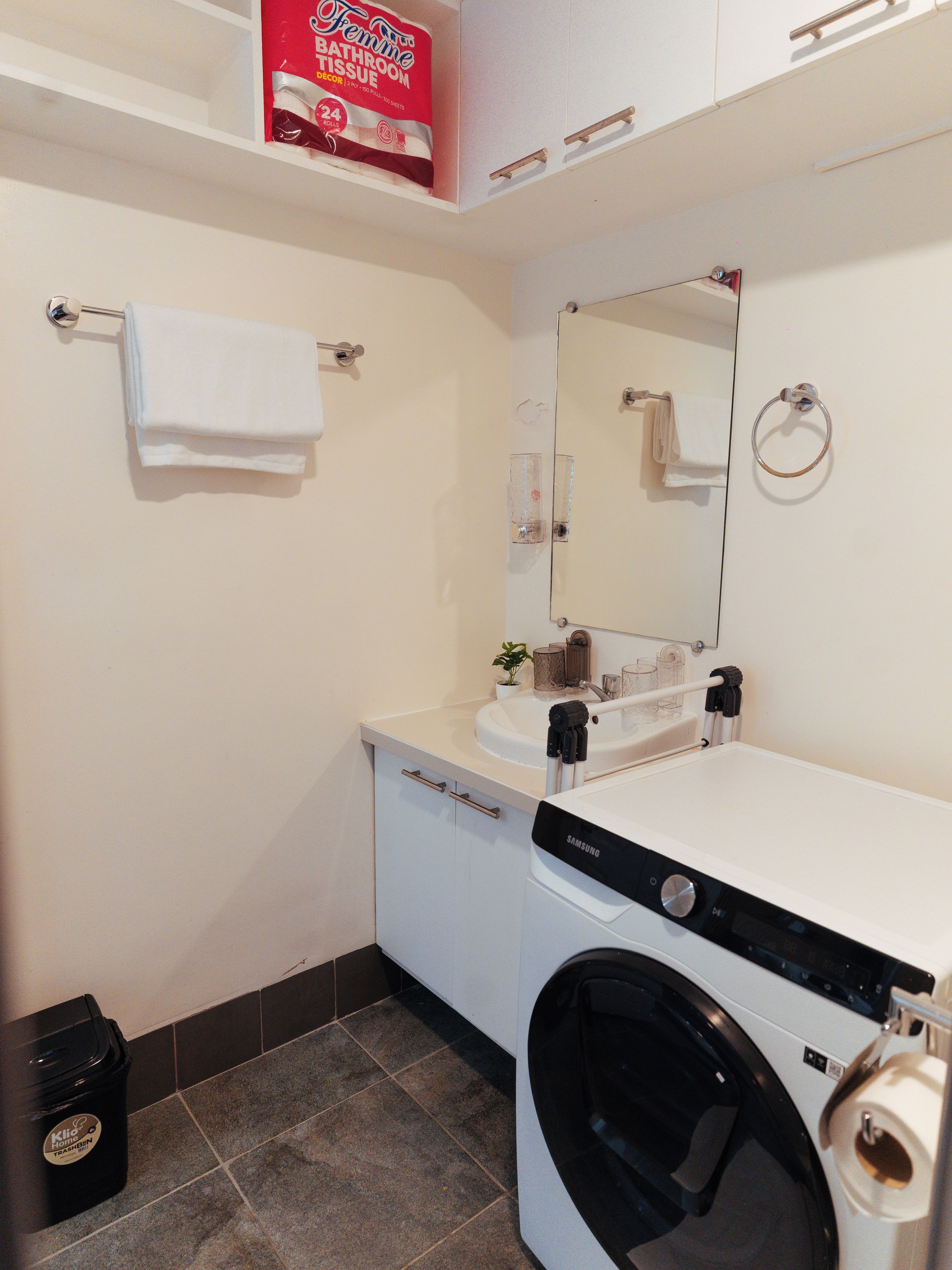 A bathroom with a washing machine, a sink, a mirror, and a towel rack.