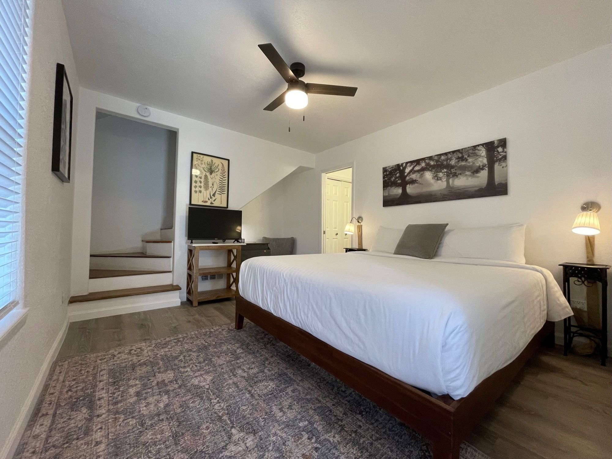 Une chambre à coucher comprenant un lit, un ventilateur de plafond, une télévision, un bureau et un escalier.