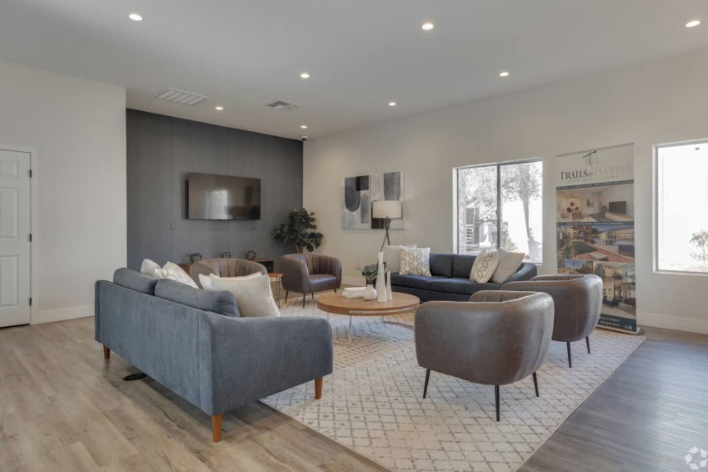 Un salon spacieux avec un canapé gris, un canapé bleu et une table basse.