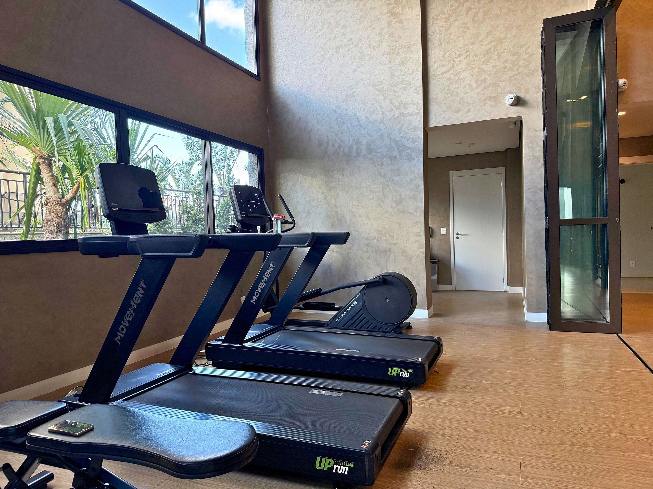 A gym with treadmills and exercise equipment, large windows, and a view of palm trees.