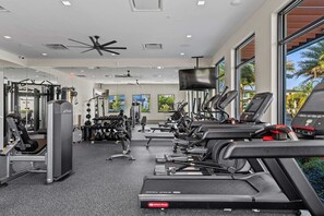 A gym with treadmills, weight machines, and mirrors. - Paradiso Grande 15br Suites, Pool & Themed Rooms (Orlando)