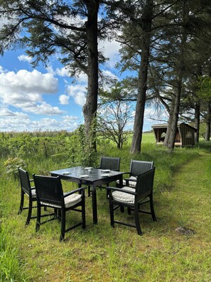 Mesa con sillas dispuestas al aire libre, rodeada de árboles y un cielo despejado.