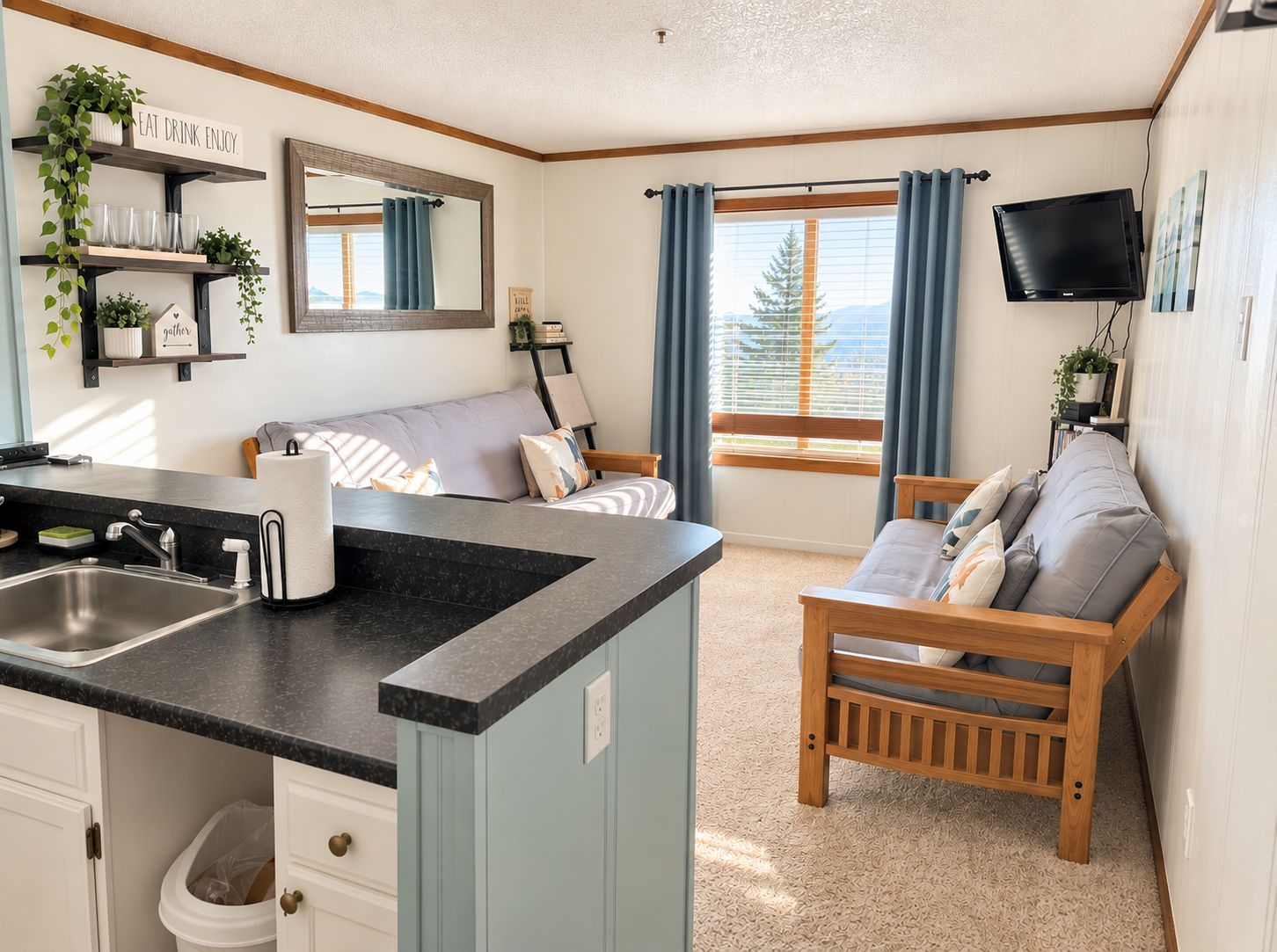 A compact living space with a kitchenette, a sofa, a small wooden bed, and a TV mounted on the wall.