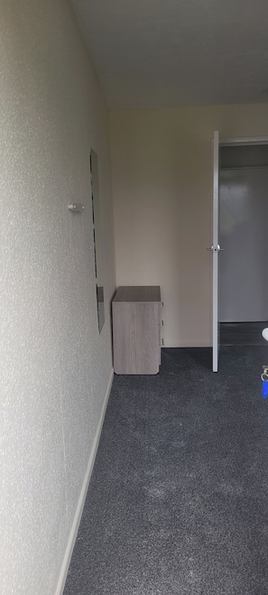 Una habitación con alfombra gris, un mueble de madera pequeño, una puerta y un interruptor de luz en la pared.